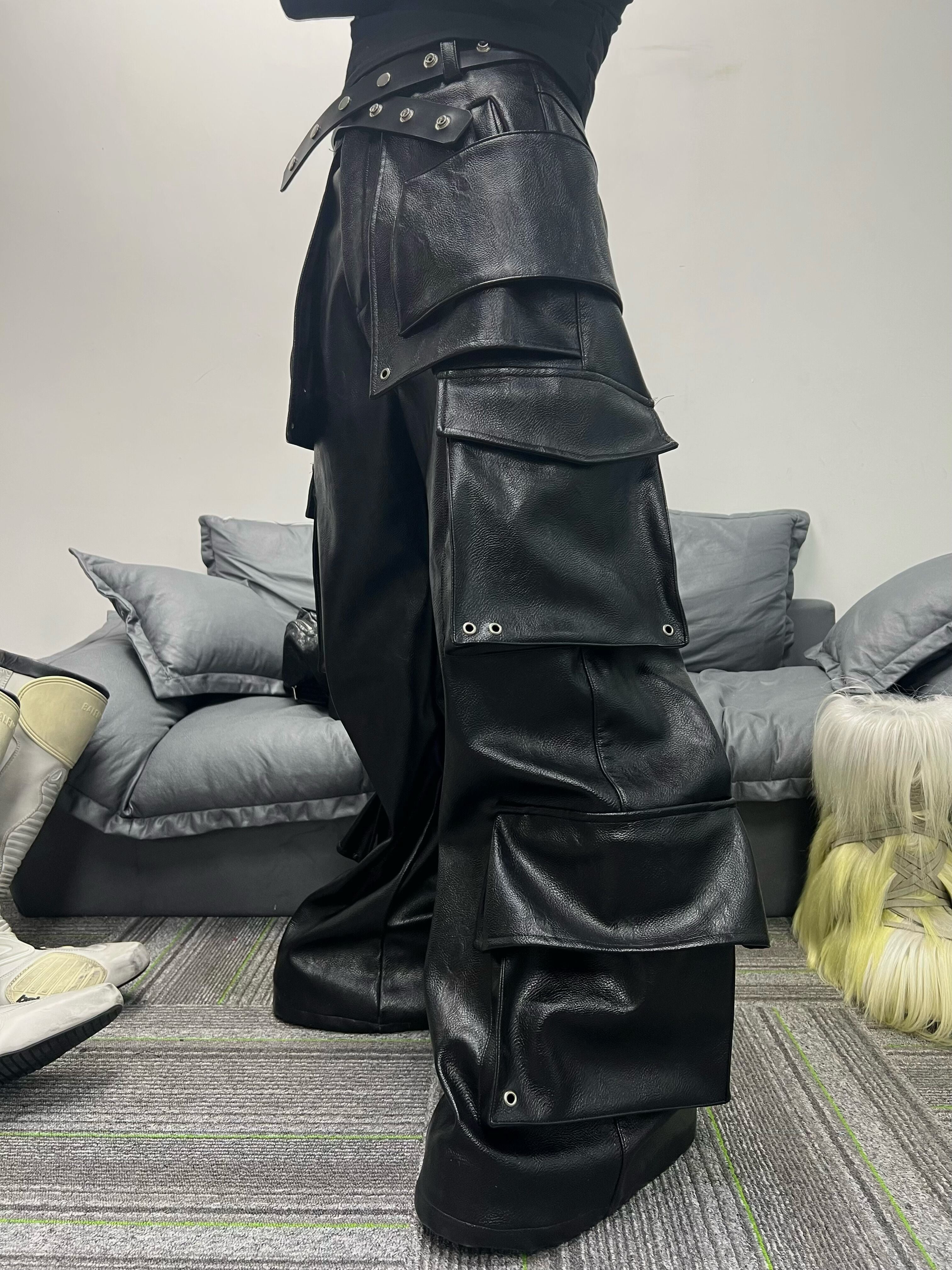 REBEL WAVE丨Structured Multi-Pocket Leather Cargos - PSYLOS 1, REBEL WAVE丨Structured Multi-Pocket Leather Cargos, Pants, REBEL WAVE•JAPAN, PSYLOS 1