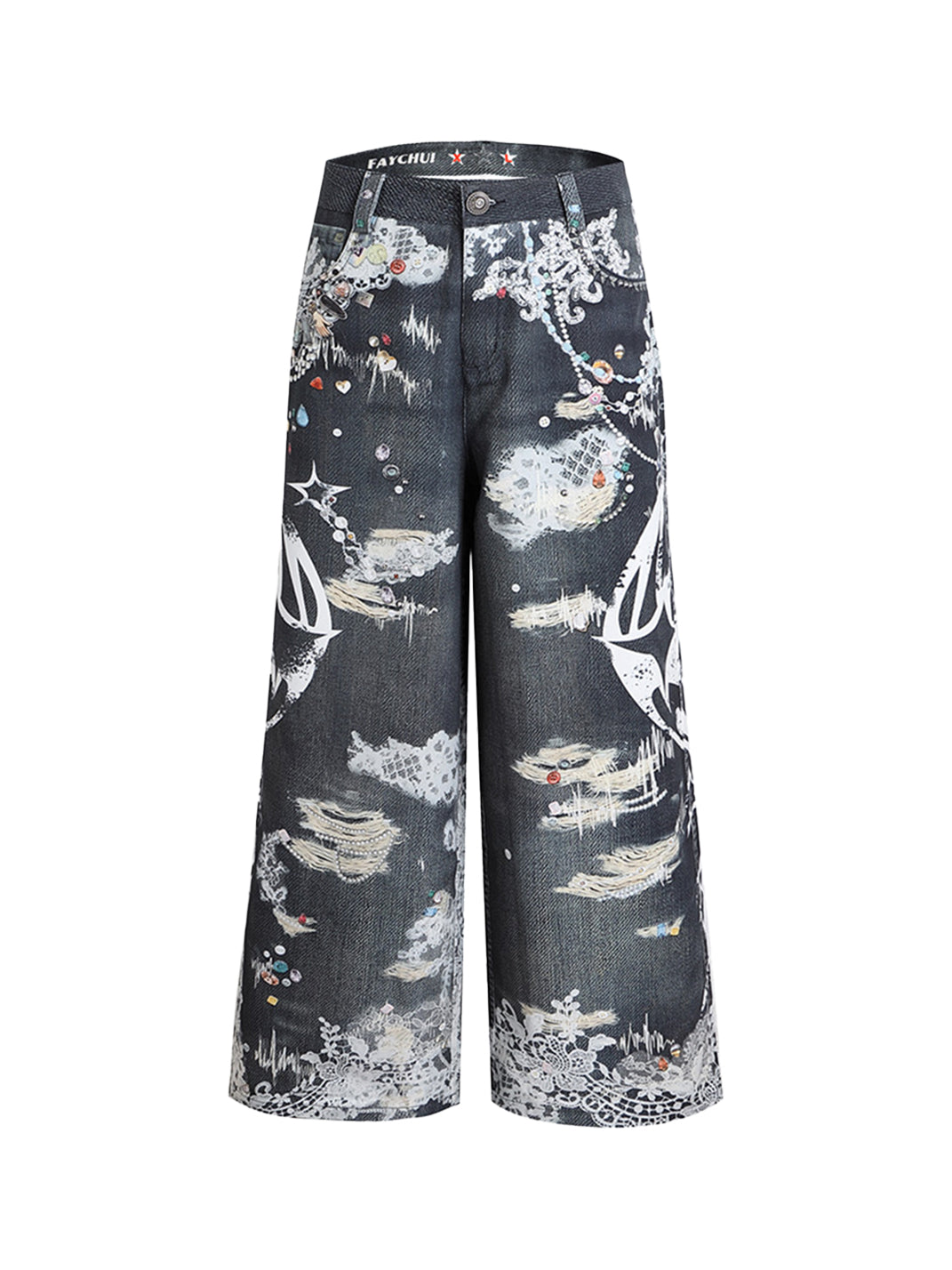 DND4DES | Lace Wide Leg Printed Jeans - PSYLOS 1, DND4DES | Lace Wide Leg Printed Jeans, Jeans, DND4DES•JAPAN, PSYLOS 1