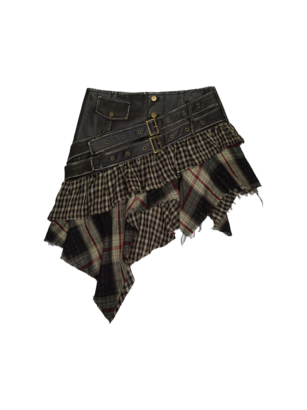 CestNous｜Asymmetric Gothic Plaid Skirt with PU Trim - PSYLOS 1, CestNous｜Asymmetric Gothic Plaid Skirt with PU Trim, Skirt, CestNous, PSYLOS 1