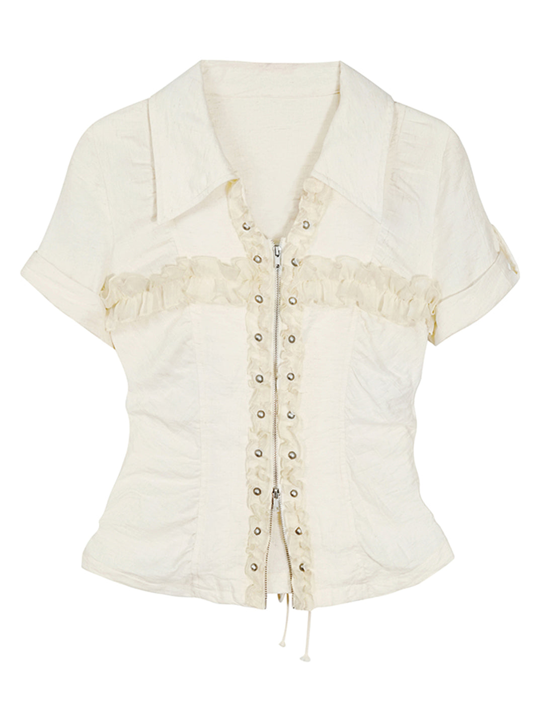 CestNous｜Ruffled Studded Gothic Crop Shirt-White - PSYLOS 1, CestNous｜Ruffled Studded Gothic Crop Shirt-White, Shirts, CestNous, PSYLOS 1