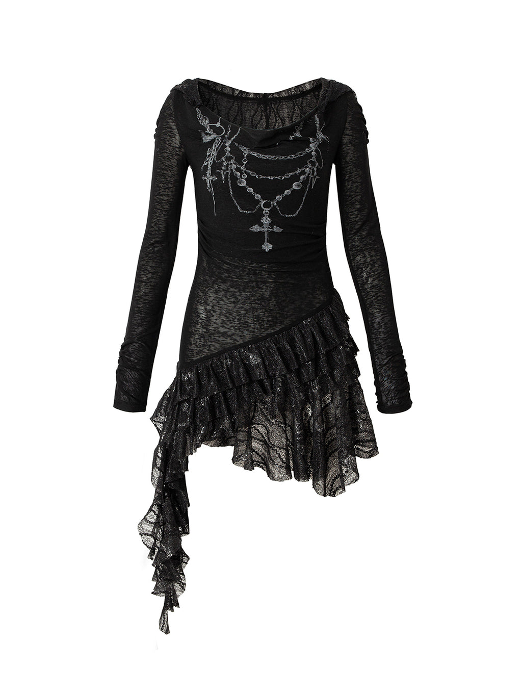 NO ROMANCE | Lace Knit Bottom Long Sleeve Hooded Dress NO ROMANCE | Lace Knit Bottom Long Sleeve Hooded Dress