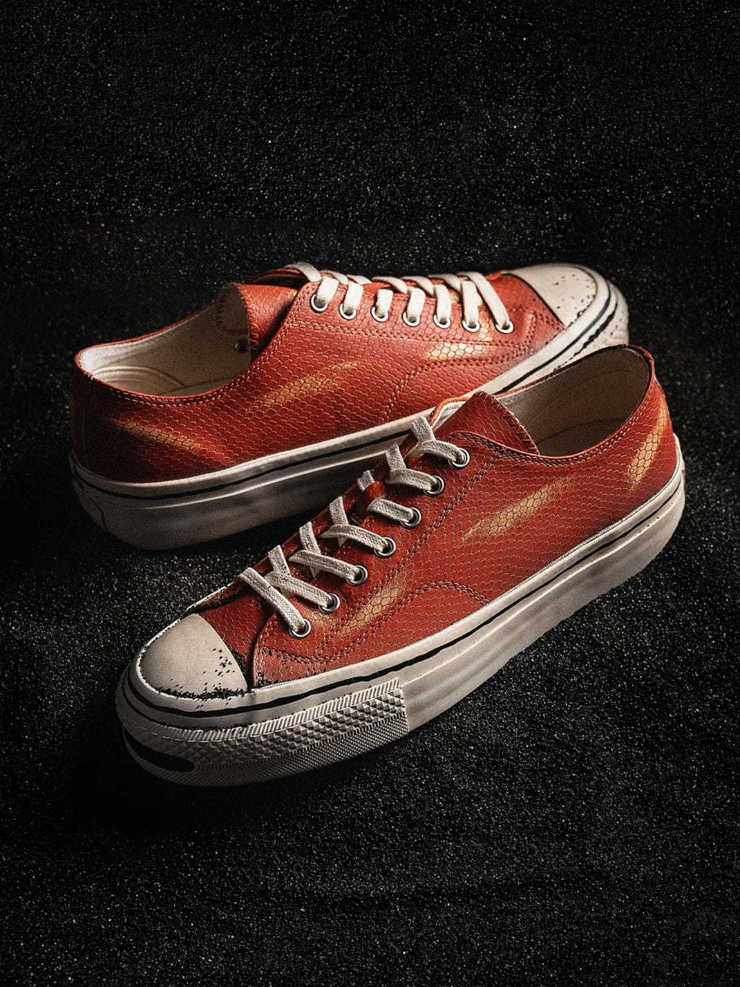 T/C MADE│030 Snake-Pattern Cowhide Low-Top Smiley Canvas Sneakers-Red - PSYLOS 1, T/C MADE│030 Snake-Pattern Cowhide Low-Top Smiley Canvas Sneakers-Red, Canvas Sneakers, T/C MADE, PSYLOS 1