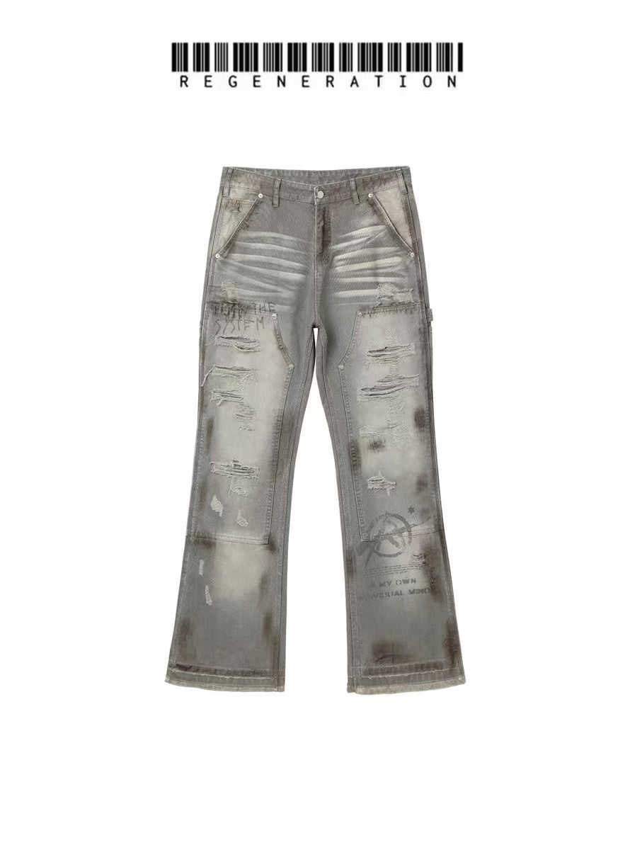 REGEN ZONE "Last War" Heavy Distressed Print Flared Gray Lumberjack Pants