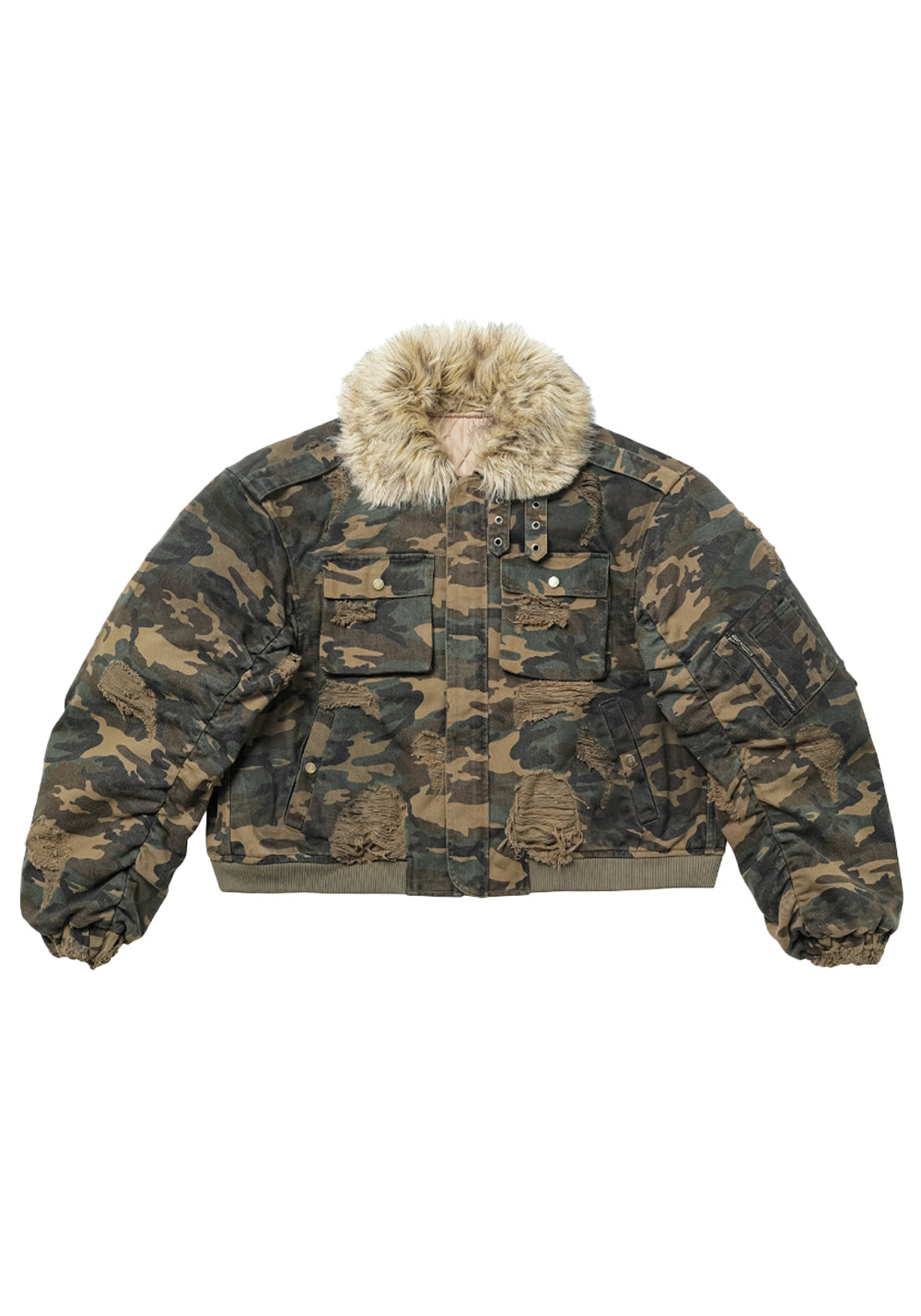 REGEN ZONE Lord of War Washed Camouflage Detachable Fur Collar Flight Jacket