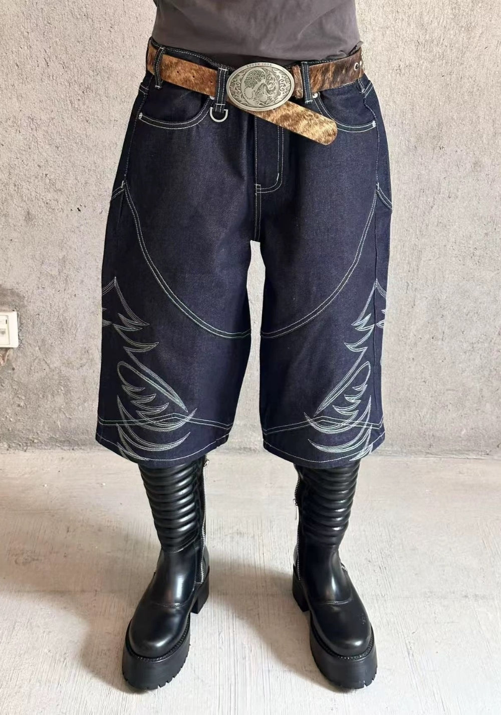 REGEN ZONE丨"RIOT" Armor Embroidered Raw Denim Shorts - PSYLOS 1, REGEN ZONE丨"RIOT" Armor Embroidered Raw Denim Shorts, Shorts, REGEN ZONE•JAPAN, PSYLOS 1