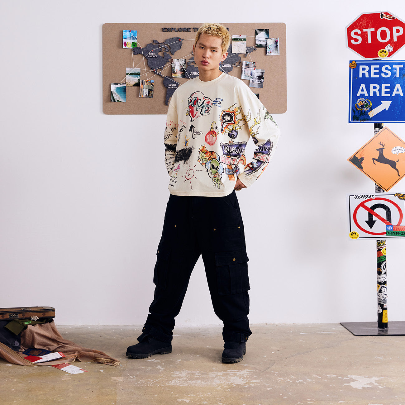 BURNIN* "All Roads Lead to Freedom" Graffiti Hand-Painted Long Sleeve T-Shirt - PSYLOS 1, BURNIN* "All Roads Lead to Freedom" Graffiti Hand-Painted Long Sleeve T-Shirt, T-Shirt, Burnin, PSYLOS 1