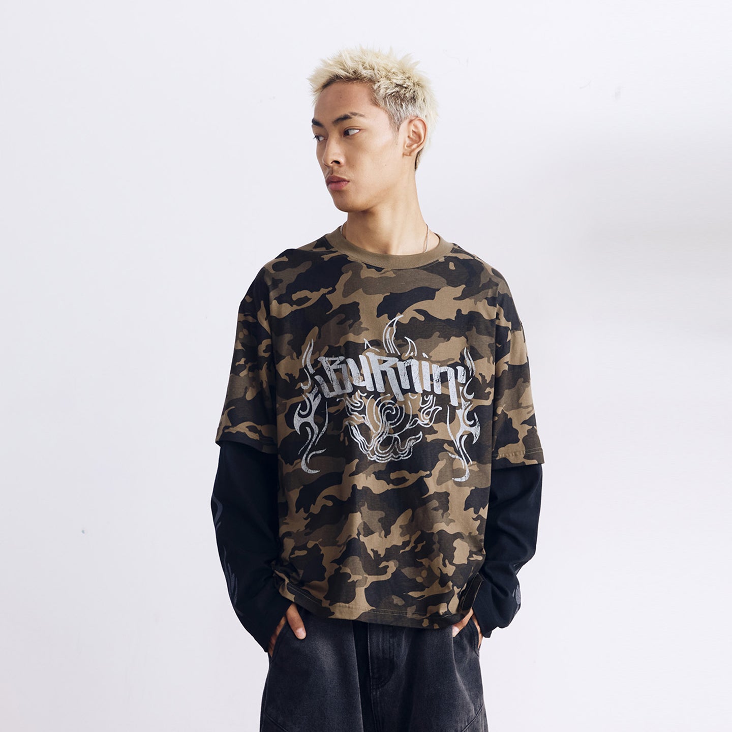 BURNIN* “97’series” worn fire pattern fake two-piece T-shirt - PSYLOS 1, BURNIN* “97’series” worn fire pattern fake two-piece T-shirt, T-Shirt, Burnin, PSYLOS 1