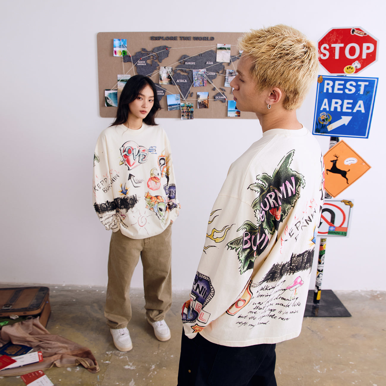 BURNIN* "All Roads Lead to Freedom" Graffiti Hand-Painted Long Sleeve T-Shirt - PSYLOS 1, BURNIN* "All Roads Lead to Freedom" Graffiti Hand-Painted Long Sleeve T-Shirt, T-Shirt, Burnin, PSYLOS 1