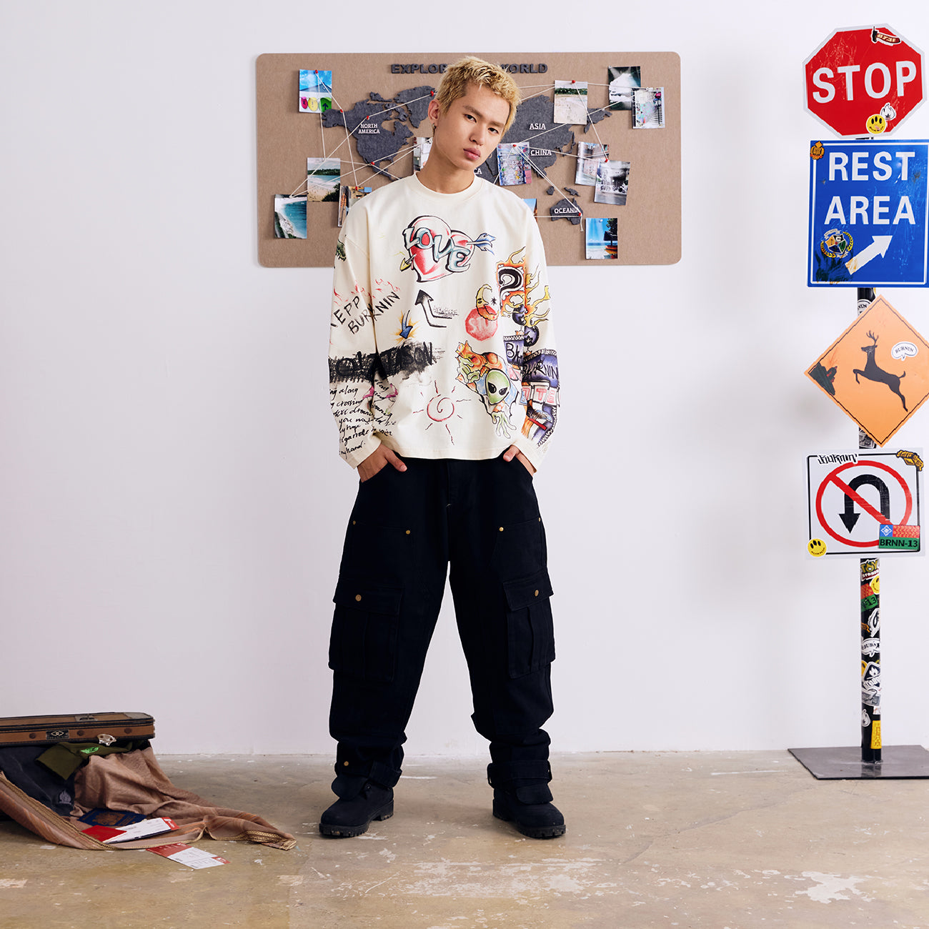 BURNIN* "All Roads Lead to Freedom" Graffiti Hand-Painted Long Sleeve T-Shirt - PSYLOS 1, BURNIN* "All Roads Lead to Freedom" Graffiti Hand-Painted Long Sleeve T-Shirt, T-Shirt, Burnin, PSYLOS 1