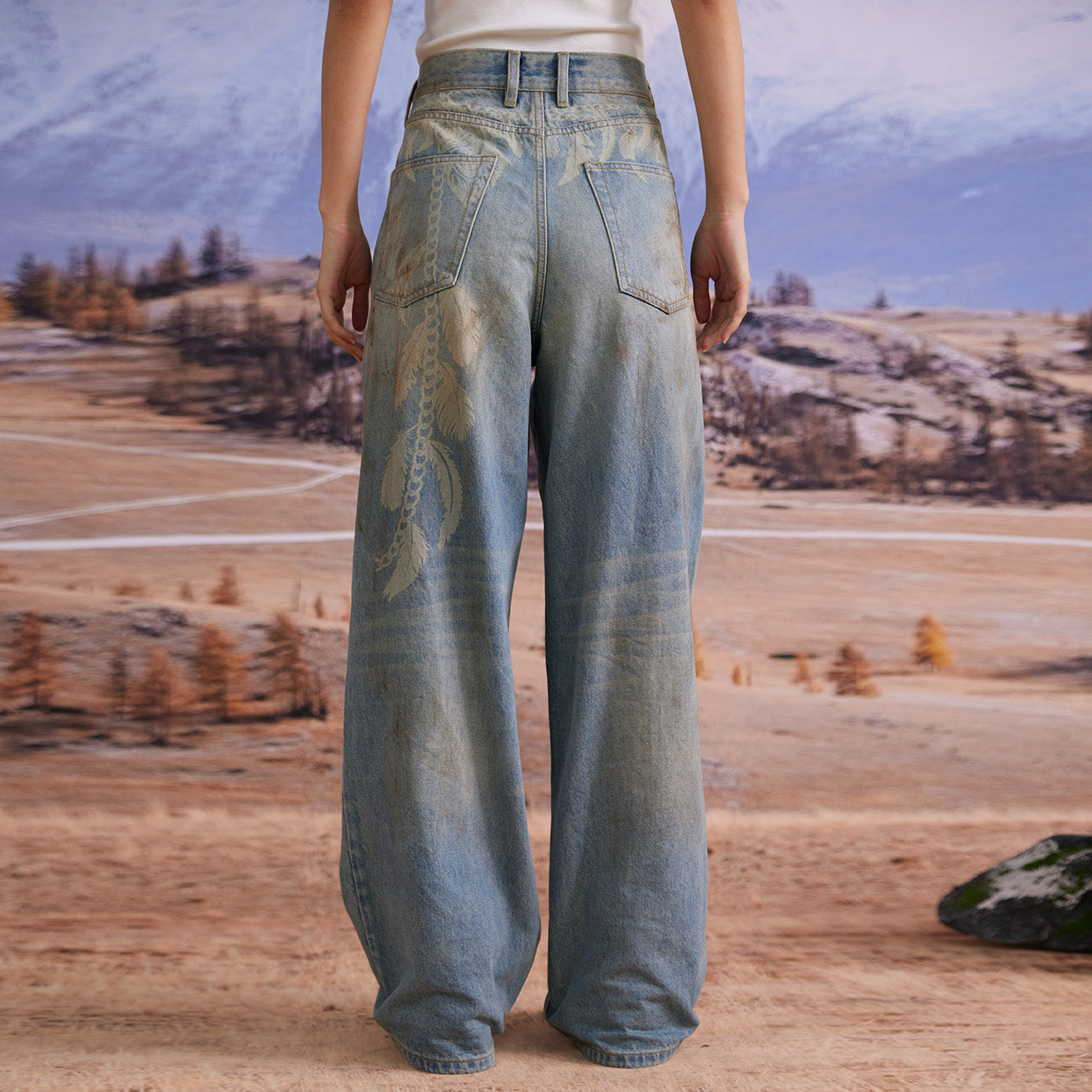BURNIN "EASTERN COWBOY" FEATHER PRINT DIRTY WASHED DENIM LONG PANTS - PSYLOS 1, BURNIN "EASTERN COWBOY" FEATHER PRINT DIRTY WASHED DENIM LONG PANTS, Pants, Burnin, PSYLOS 1