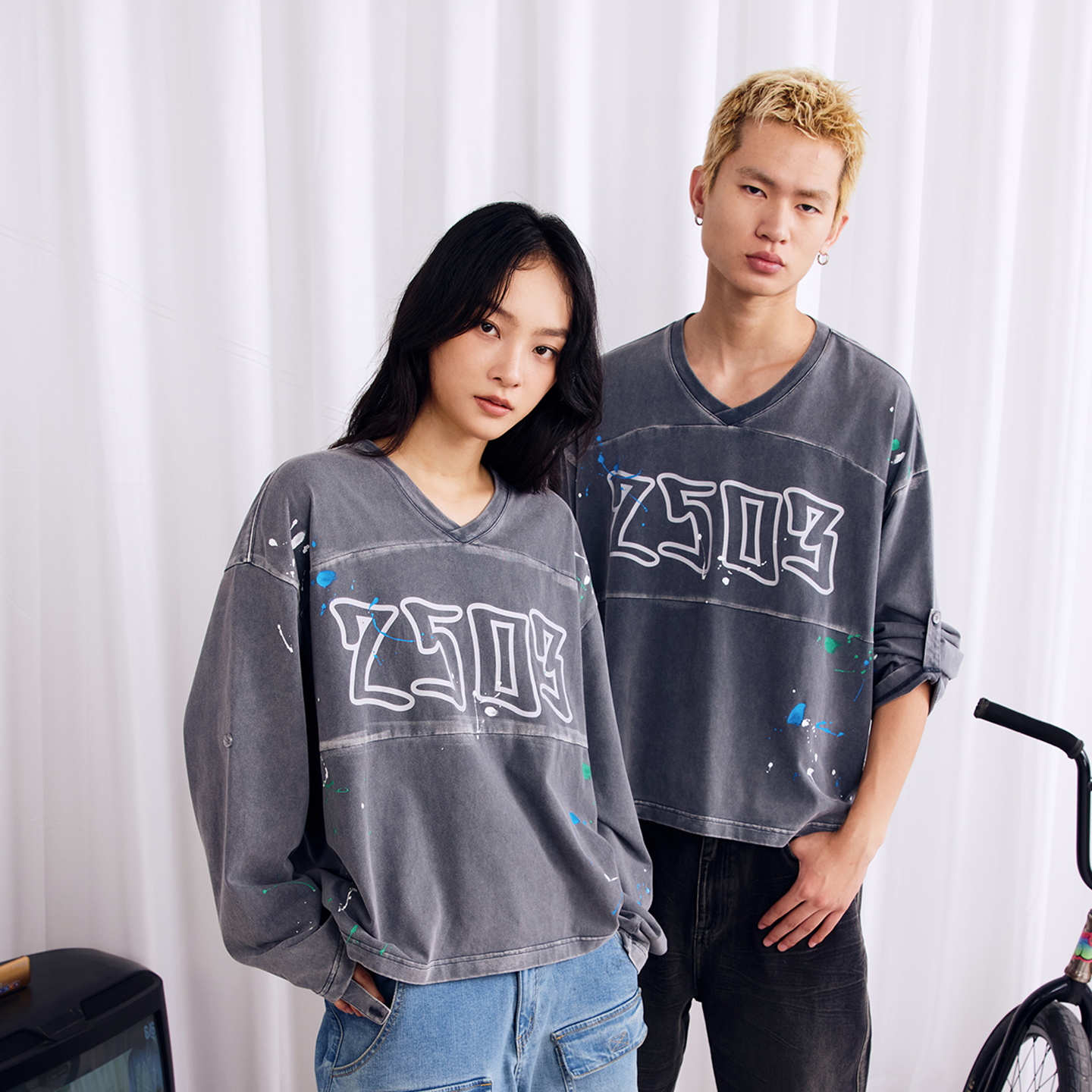 BURNIN* "2503" v-neck splash-ink retro old washed T-shirt - PSYLOS 1, BURNIN* "2503" v-neck splash-ink retro old washed T-shirt, T-Shirt, Burnin, PSYLOS 1