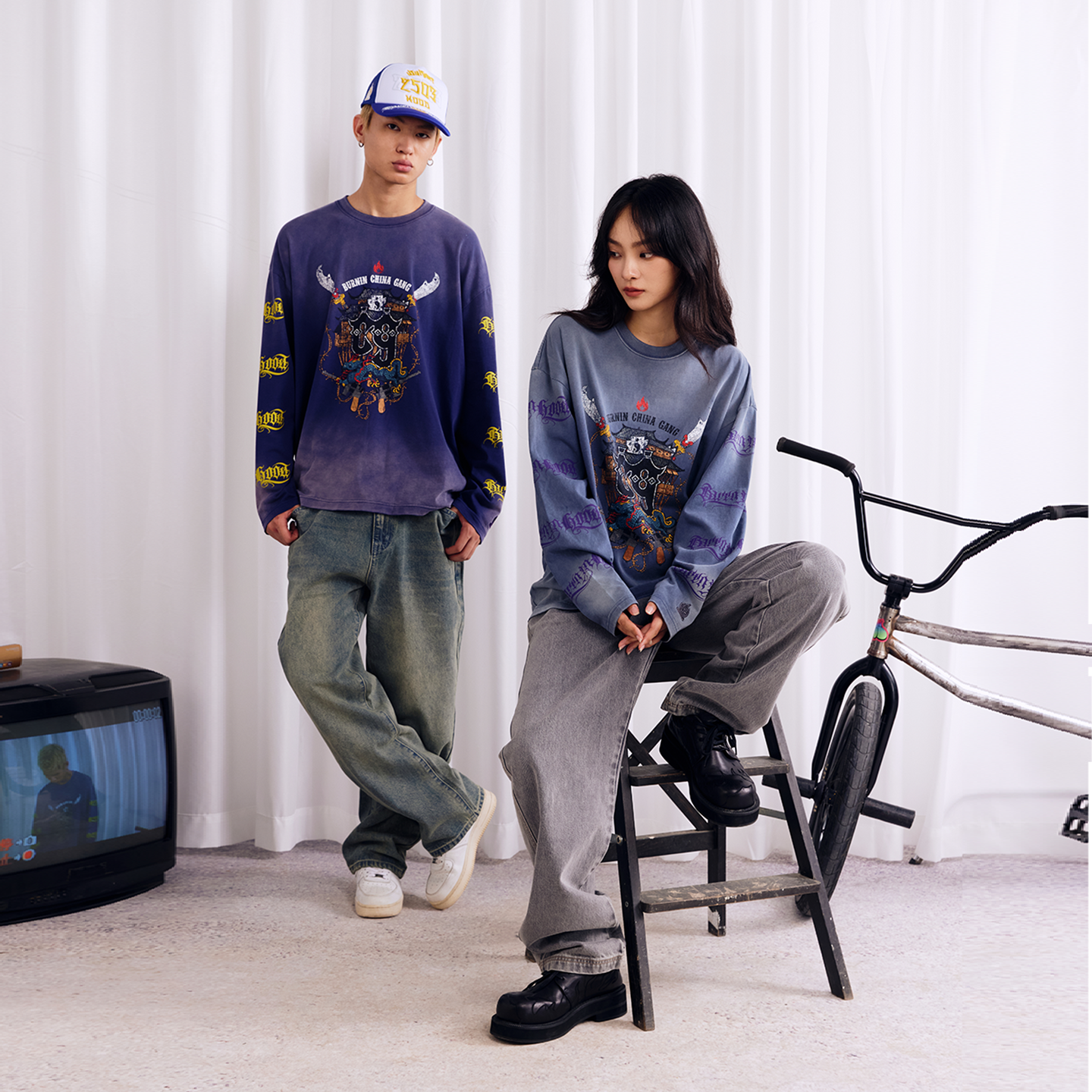 BURNIN Dyeing Distressed Community Culture Sweatshirt - PSYLOS 1, BURNIN Dyeing Distressed Community Culture Sweatshirt, Sweatshirts, Burnin, PSYLOS 1