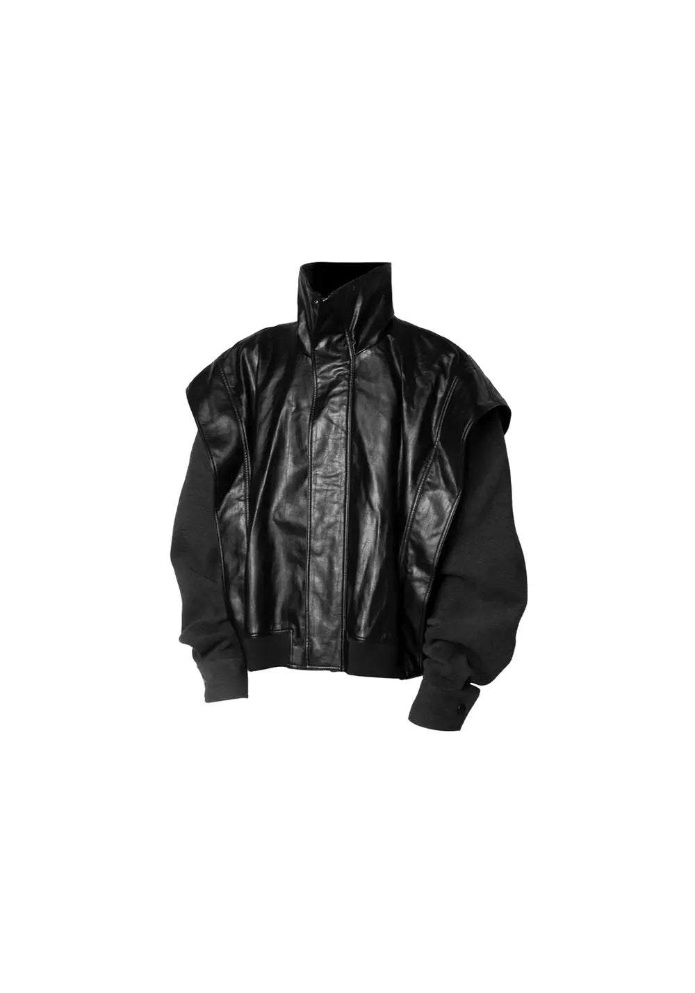 Deconstructed Oversized Leather Jacket with Semi-High Collar