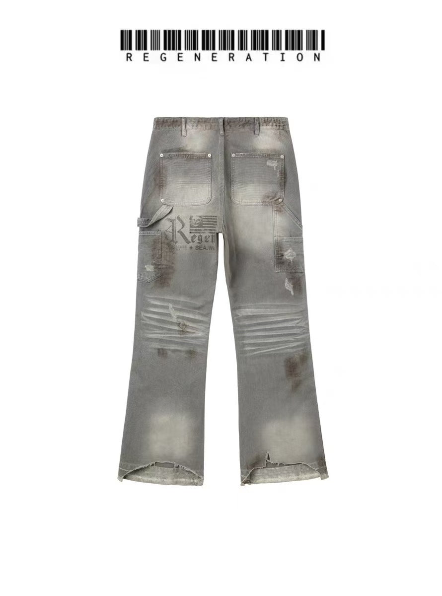 REGEN ZONE "Last War" Heavy Distressed Print Flared Gray Lumberjack Pants