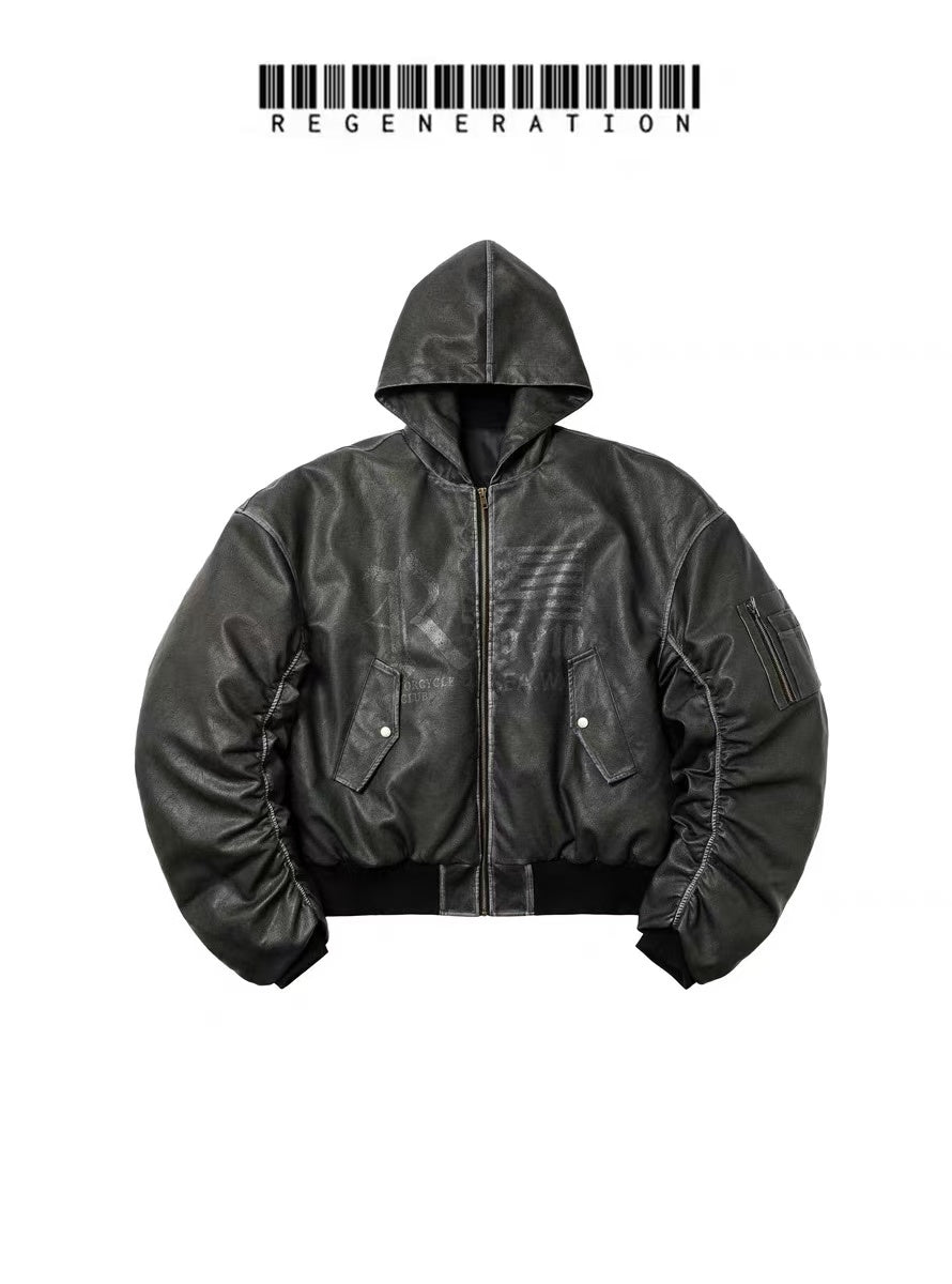 REGEN ZONE  "Lord of War" Heavy Cowhide Textured Brushed Hooded Flight Jacket