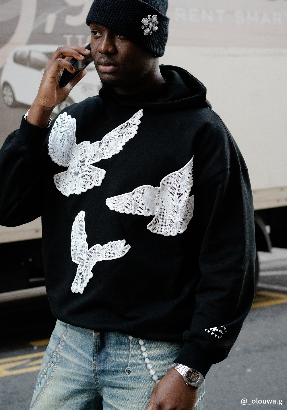 Black Printed Lace Foam Peace Dove Hoodie