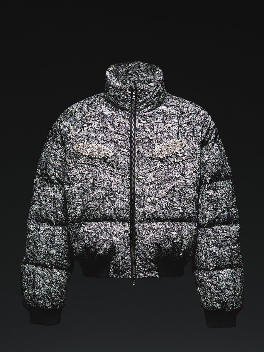 Textured Down Jacket With Rhinestones