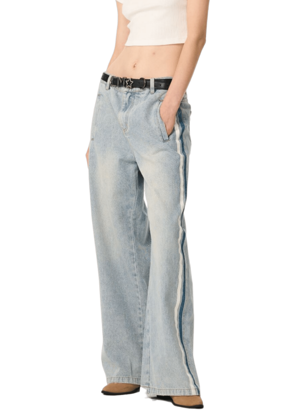 MARNI Frayed two-tone low-rise wide-leg jeans