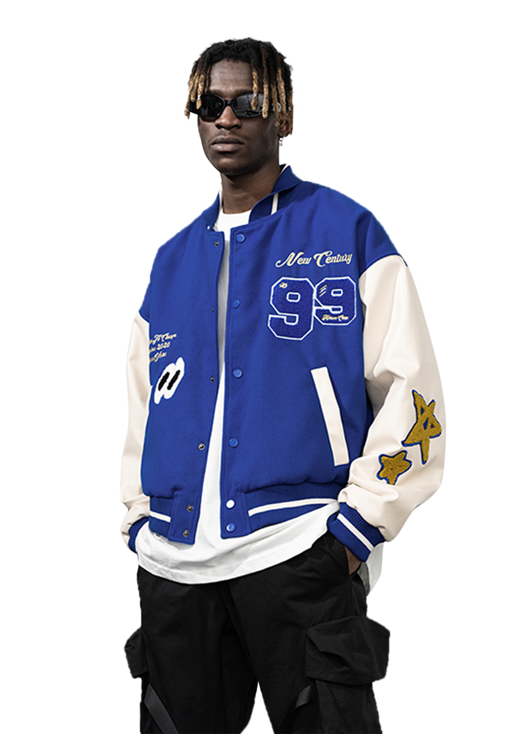 Retro Star Embroidered Baseball Jacket - Blue - PSYLOS1