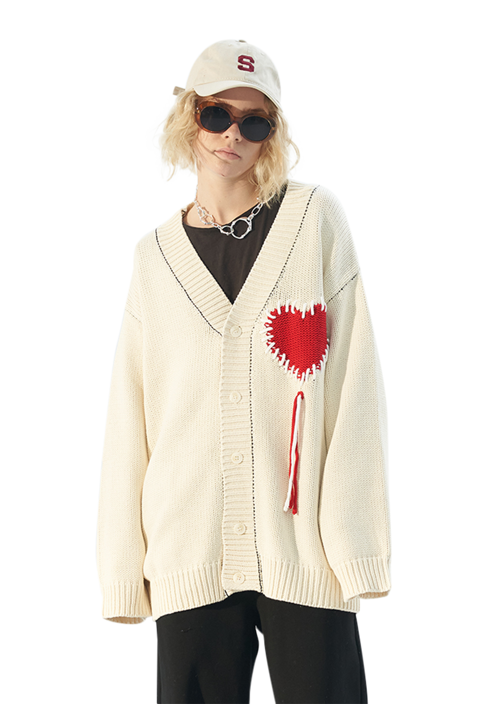 Heart Tassel Knit Cardigan - White - PSYLOS1