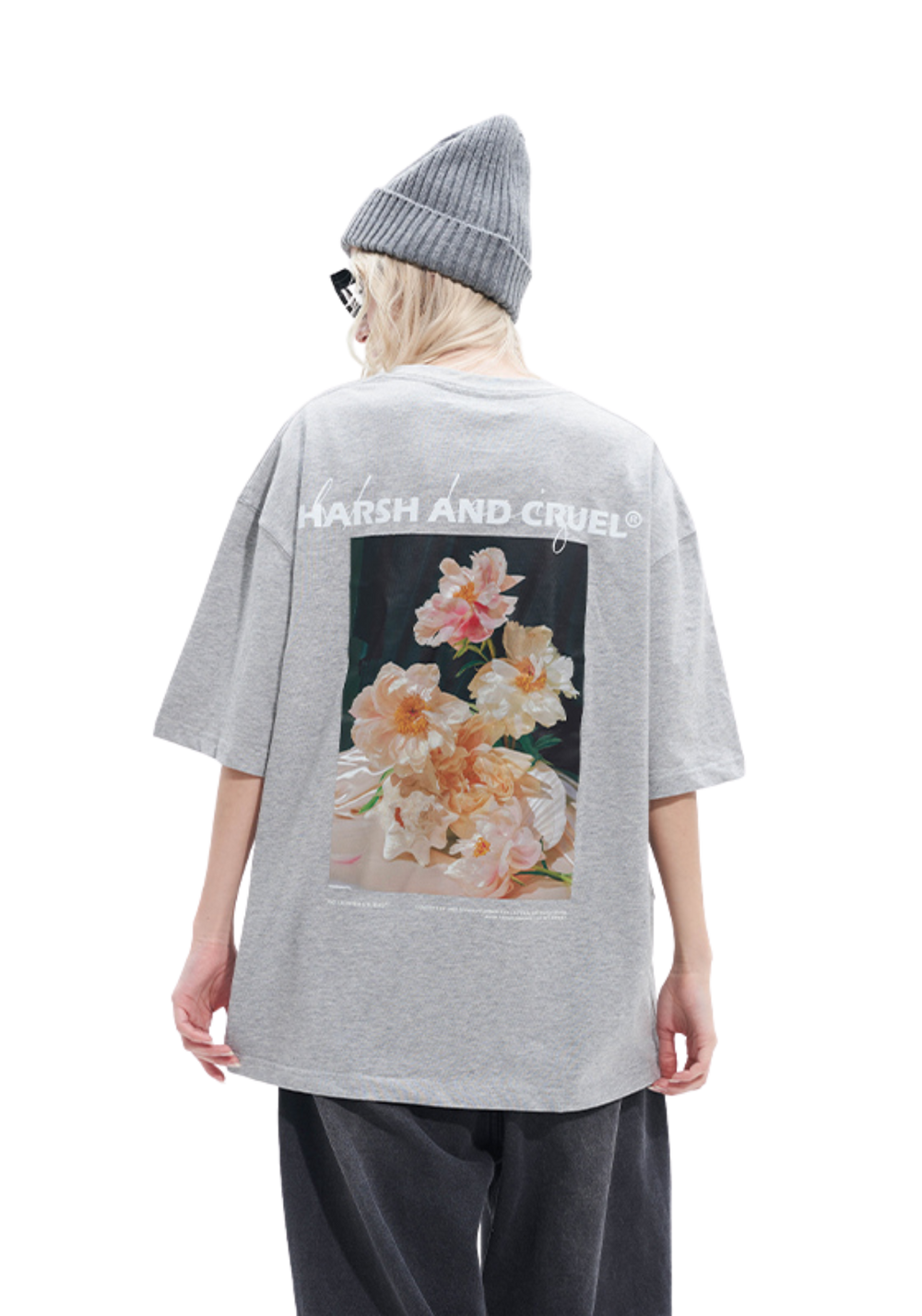Retro Floral Oil Painting Printed  T-shirt - Grey - PSYLOS1