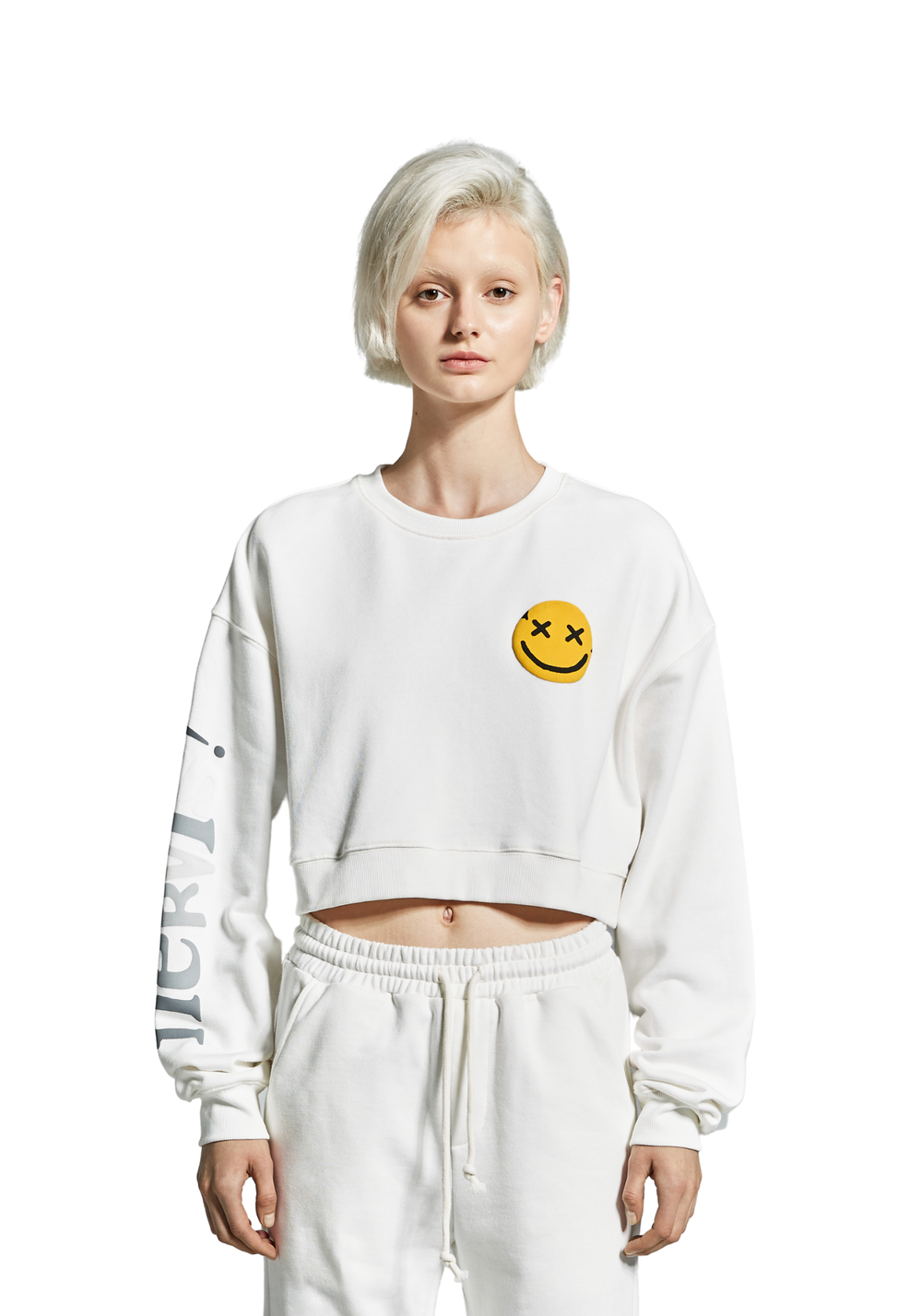 Nervis Puff- Print Cropped Sweater - White - PSYLOS1