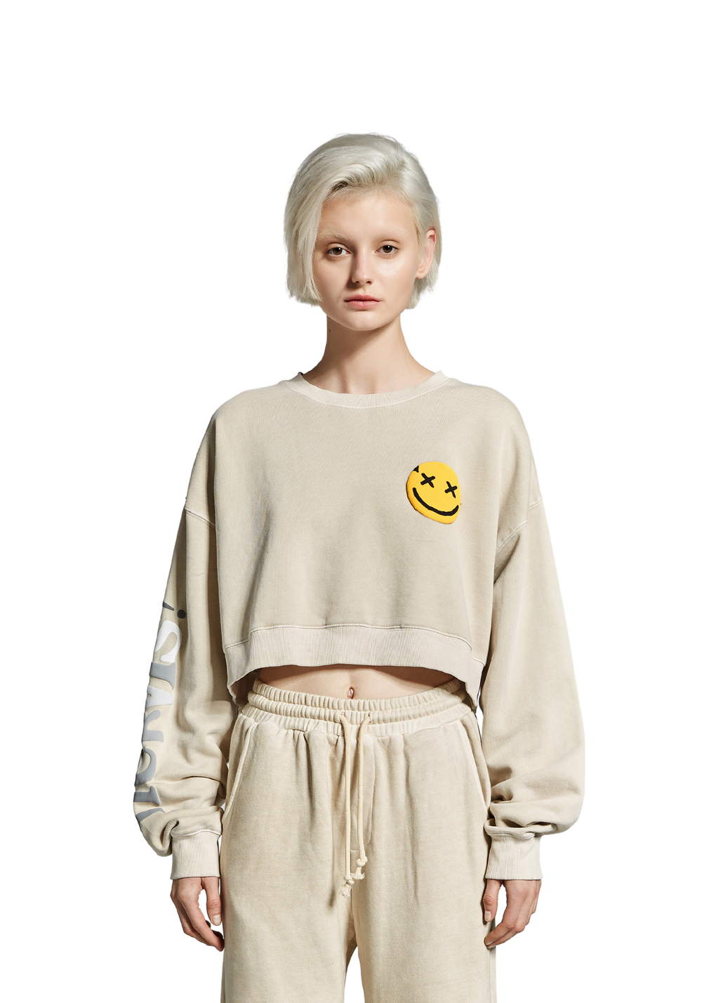 Nervis Puff- Print Cropped Sweater - Cream - PSYLOS1