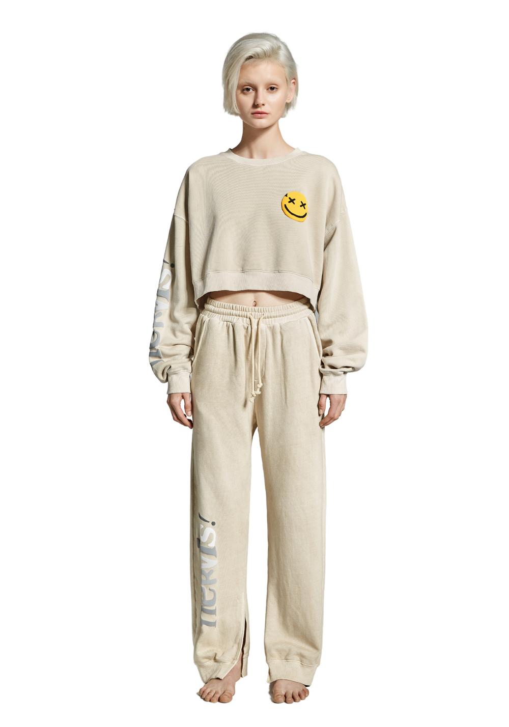 Nervis Puff- Print Cropped Sweater - Cream - PSYLOS1