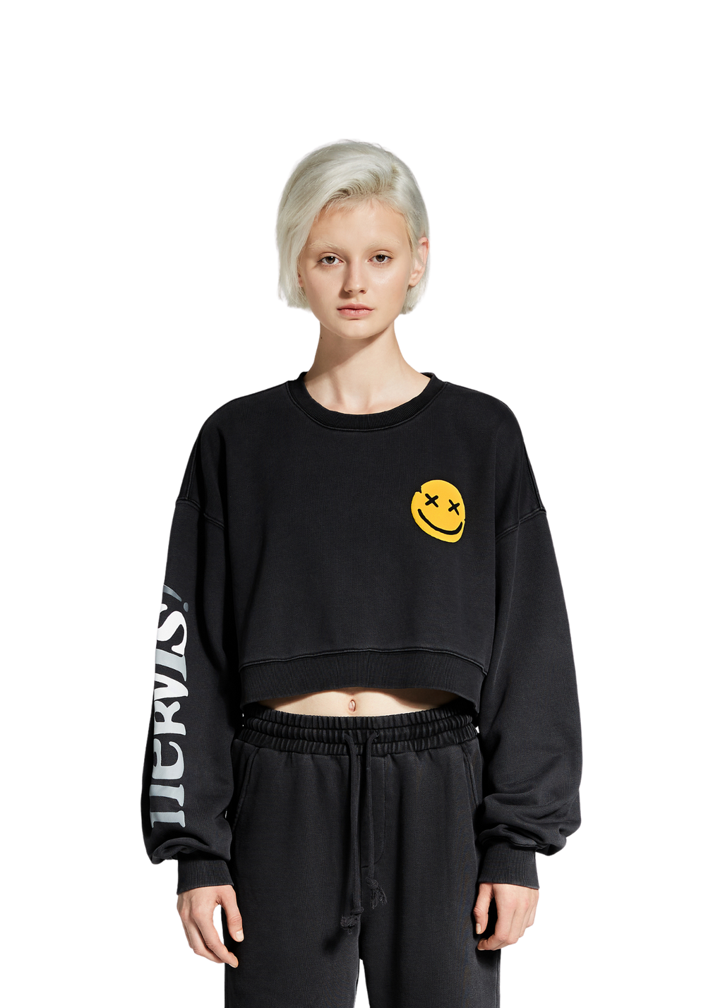 Nervis Puff- Print Cropped Sweater - Black - PSYLOS1